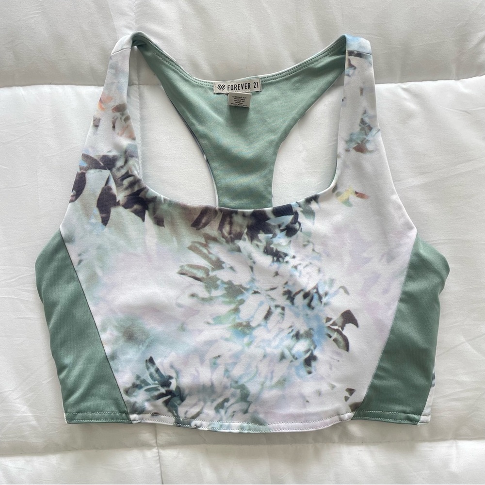 White and Green Marble Floral Sports Bra